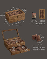 12-Slot Watch Box, 2-Tier Watch Display Case with Large Glass Lid, Removable Watch Pillows, Velvet Lining, Jewelry Box, Gift Idea, Rustic Walnut UJOW012K01