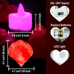 1000 PCS Artificial Rose Petals with 24 Pcs Heart Shaped LED Candles Flameless, Pink
