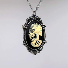 Real Metal Gothic  Skull Cameo in Pewter Frame Pendant Necklace