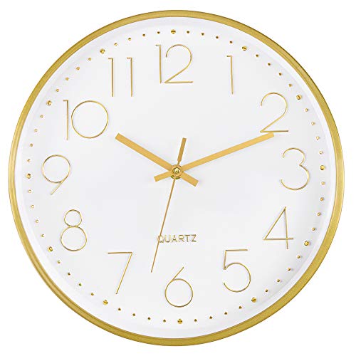 Gold Wall Clock 12 Inch Silent Non-Ticking Battery Operated Round