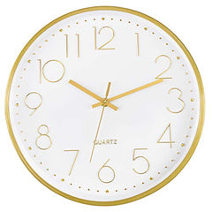 Gold Wall Clock 12 Inch Silent Non-Ticking Battery Operated Round