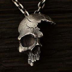 Broken Damaged Half Face Skull Pendant Necklace w/ Chain (Silver)