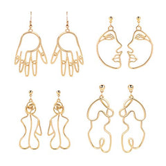 4 Pair Gold Face Earrings Abstract Design