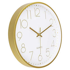 Gold Wall Clock 12 Inch Silent Non-Ticking Battery Operated Round
