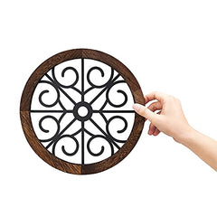 3 Pack Rustic Wall Decoration Round Wall Art Geometric Scrolled Metal w/ Wooden Frame-Brown