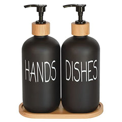 Glass Soap Dispenser Set. Hand Soap and Dish Soap Dispenser with Bamboo Tray. Vintage Soap Dispenser