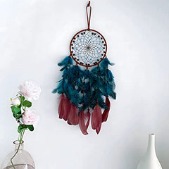 Dream Catcher Boho Sun Dream Catcher Peacock Green Feathers with Handmade Pearl and Wooden Beads,