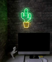 19â€?x 10â€?inch LED Neon Green Cactus w/ Yellow Planter Wall Sign for Cool Light, Wall Art Home Decoration