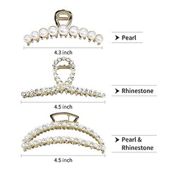 Large Metal Pearl Hair Claw Clips  Gold Rhinestones for Women & Girls