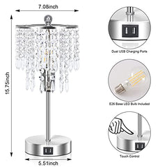 Crystal Lamp for Bedroom Set of 2, 3-Way Dimmable Touch Control w/  2 USB Charging Ports ED Bulb Included