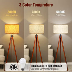 Tripod Wood Floor Lamp, w/  3 Color Temperature, (Bulb Included)