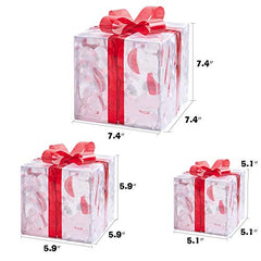 Set of 3 Christmas 60 LED Lighted Presents Boxs with Red Bows, Transparent Warm White Lighted