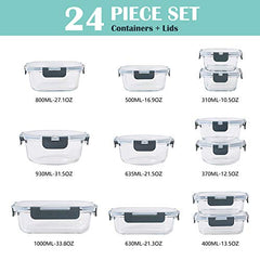 24-Piece Glass Food Storage Containers Set w/ Lids - Airtight Leak Proof Glass