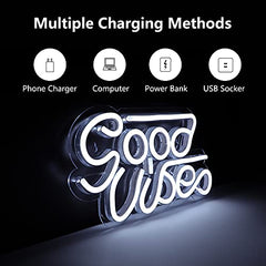 Good Vibes Neon Sign for Wall Decor, Reusable, Powered by USB (White, Pink, Blue)
