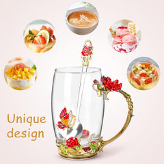 Gifts for Women Mom Mothers Valentines Day Tea Cup Best Birthday Butterfly Rose Gifts for Her from Daughter Son Glass Coffee Christmas Enamels Mug Lead-Free with Spoon Set