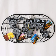 Large Metal Wall Clock w/ MDF World Map Decoration, Silent Movement w/ DIY LED Light Strip & Postcard