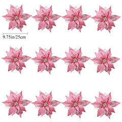 12Pcs Poinsettia Flowers Glitter Christmas Ornaments
