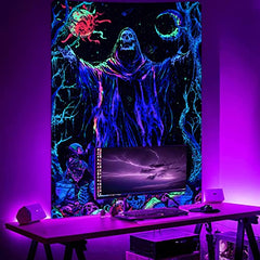 Blacklight Skull Tapestry UV Reactive Sun Moon Tapestries Gothic Wizard Skeleton Tapestry Colorful Witchy