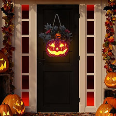 Lighted Halloween Sign Wreath Pumpkin Lantern with Black Maple Leaves with Led Lights Battery