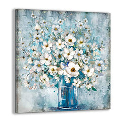 White Flower in Blue Bottle  Wall Art Canvass