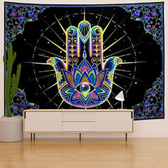 Extra Large Blacklight Hamsa Evil Eye Tapestry