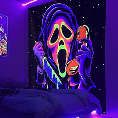 Blacklight Horror Face Tapestry, UV Reactive Wall Hanging, Party Backdrop