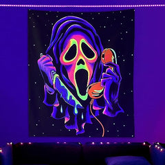 Blacklight Horror Face Tapestry, UV Reactive Wall Hanging, Party Backdrop