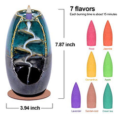 Ceramic Backflow Incense Holder Waterfall Incense Burner Bundle includes 120 Backflow Incense Cones + 30 Incense Sticks, Aromatherapy Home Decor