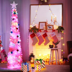 Dual Color Change Lights & Timer - 5 Ft Tinsel Christmas Tree Ball Ornaments Star Pop up Christmas Tree Battery