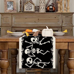 Halloween Table Runner Skeleton Dancing Funny Black Linen Seasonal Halloween