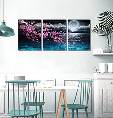 Framed 3 Pieces Plum Blossom Moon Ocean Wall Canvas Art  Size 12x16 Each Panel