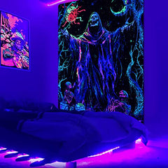 Blacklight Skull Tapestry UV Reactive Sun Moon Tapestries Gothic Wizard Skeleton Tapestry Colorful Witchy