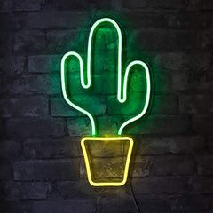 19â€?x 10â€?inch LED Neon Green Cactus w/ Yellow Planter Wall Sign for Cool Light, Wall Art Home Decoration