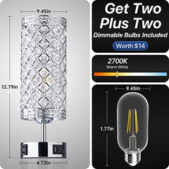 Touch Control Crystal Table Lamp w/ USB A+C Charging Ports & AC Outlet -Set of 2