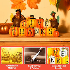 Thanksgiving Hand-Painted Give Thanks Pumpkin & Turkey, Resin Figurine Turkey Harvest Decorations