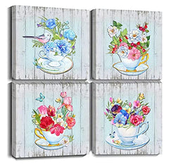 Blue Flower Canvas Wall Art Decor 12x12 - 4 Panels Ready to Hang