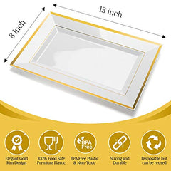 Elegant Plastic Serving Tray & Platter Set (6pk) - White & Gold Rim- 8x13 inches