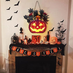 Lighted Halloween Sign Wreath Pumpkin Lantern with Black Maple Leaves with Led Lights Battery