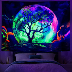 Blacklight Moon Trippy Galaxy Clouds Tree UV Ocean Sea Colorful Starry Sky Tapestry