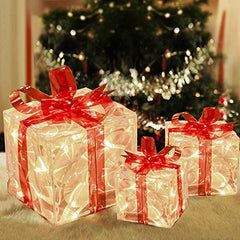 Set of 3 Christmas 60 LED Lighted Presents Boxs with Red Bows, Transparent Warm White Lighted