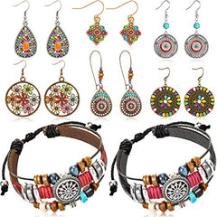 6 Pairs Bohemian Vintage Dangle Earrings &  2 Vintage Beaded Bracelets