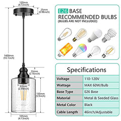 Adjustable Light Fixtures, Seeded Glass Shade Pendant Light-3 Pack