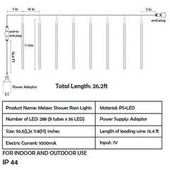 8 Tubes 288 LED Meteor Shower Rain Lights, 30cm Iciclelights Snow Falling Christmas Lights
