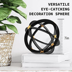 Black & Gold Iron Sphere - 7 inches - Decorative Bands Metal Sculpture