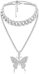 Layered Necklace for Women Butterfly Chunky Choker Link Chain CZ Daimend Pendant Necklace Handmade Dainty Layering Necklaces