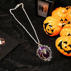Halloween Costumes Jewelry For Women, Gothic Retro Purple Glass Stone Oval Pendant Necklace Scary Spider