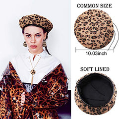 4 Pieces Women Leopard Jewelry Set French Beret Hat Leopard Leather Bracelet Earring Necklace