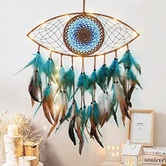 Evil Eye Dream Catcher with Fairy Lights, Blue Brown Dream Catchers for Bedroom, Evil Eye Wall Hanging