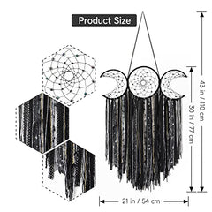 Black Triple Moon Goddess Macrame Wall Hanging Large Dream Catcher Boho Wiccan Moon Phases