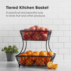 2-Tier Metal Rectangular Fruit Storage Basket, 14-Inch, Antique Black